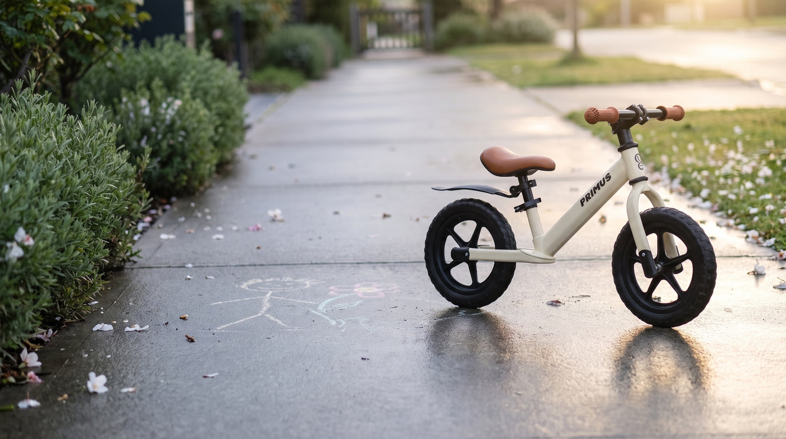 Primus løbecykel på en havegang en tidlig morgen